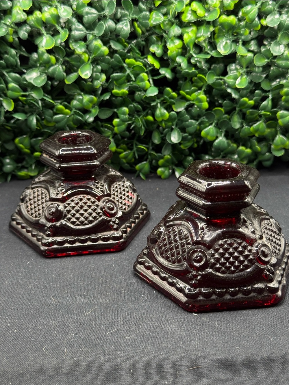 Set of 2 Vintage Avon "1876 Cape Cod Collection" Ruby Red Candle Holders